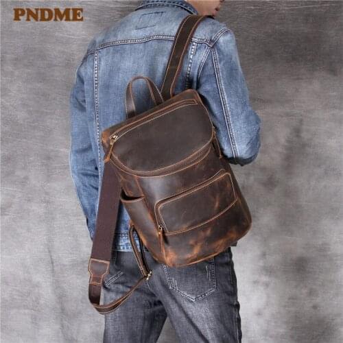 PNDME vintage high quality simple crazy horse cowhide mens womens backpack genuine leather handmade travel bookbag bagpack