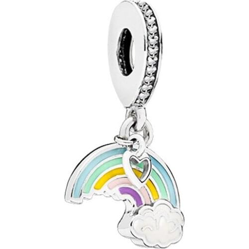 Fit Original Pan Charms Bracelet Cartoon Color Enamel Cloud Rainbow Pendant Hollow Heart Beads Pulsera Women Jewelry Making Gift