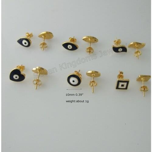 MIN ORDER 10$/6 SHAPES AVAILABLE EVIL EYE FACE SIZE AROUND 0.39" - YELLOW GOLD GP OVERLAY STUD DARK BLUE ENAMEL EARRING