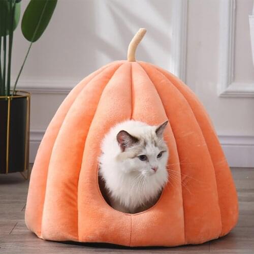 Warm Cat Cave Bed Pumpkin Hooded Dog Bed Kennel Warming Cuddler Sleeping House Cushion for Small Cats Dogs Puppy Kitten Rabbit