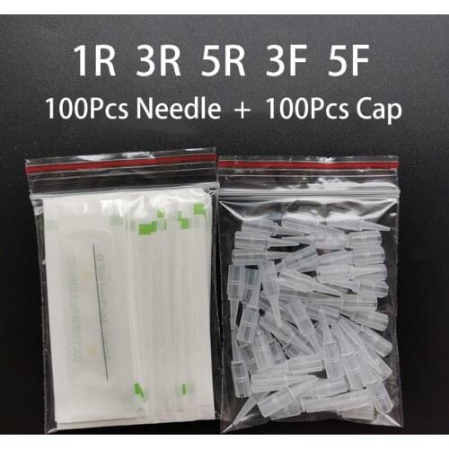 100Pcs 1R 3R 5R 3F 5F Traditional Machine Needle Caps and 100Pcs PMU Needles For Permanent Makeup Eyebrow Eyeliner Lips Tattoo