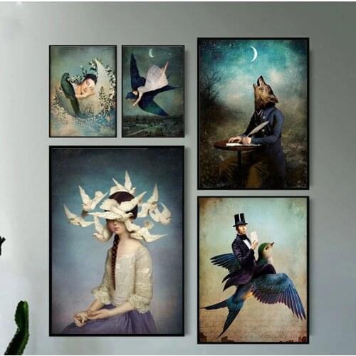 Retro Peole and Bird Vintage Canvas Painting Posters and Prints Modern Wall Art Pictures for Interior Loft Home Decoration