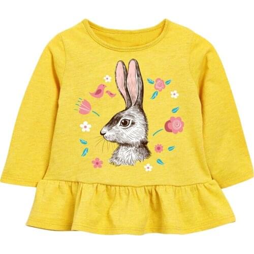 Girls O-neck Long Sleeve Rabbit and Flowers Print 100% Cotton Yellow T-shirts Flowers Side Spring Autumn T-shirts