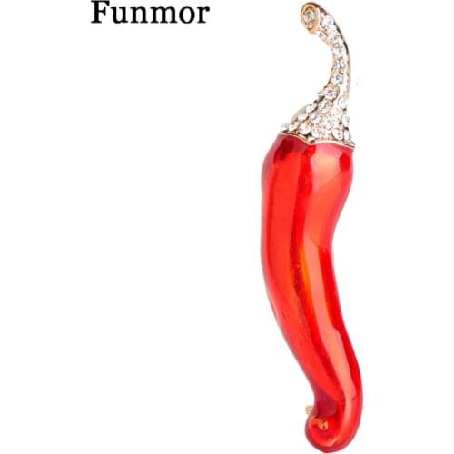 Funmor Enamel Red Chili Shape Brooch Hijab Pins Gold-Color Crystal Rhinestone Suit Hat Dress Accessory Plant Brooches For Women