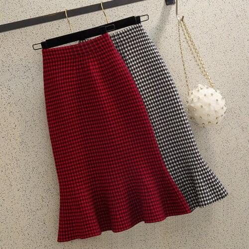 Autumn Winter Women Clothing Thicken Knitted Midi Skirts Elegant Plaid Print Fishtail Skirt Jupe Femme Sweater Skirt Y676