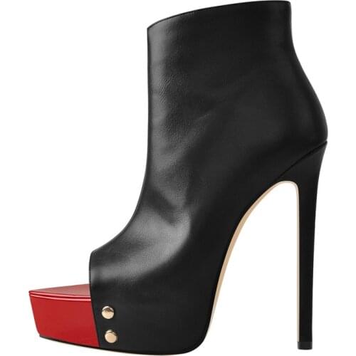 Richealnana Womens Platform Side Zip Ankle Booties Peep Pointed Toe Rivet High Thin Heel Boots Buckle Stilettos Black Shoes