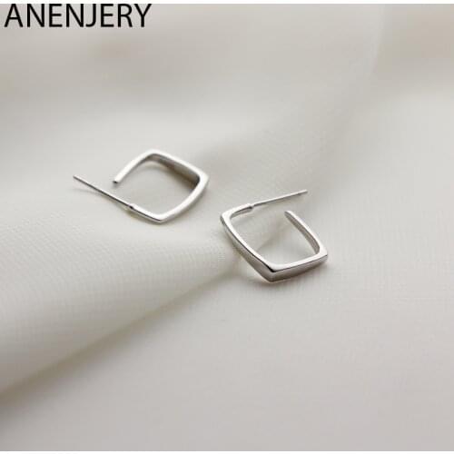 ANENJERY 925 Sterling Silver Geometric Square Earrings Simple Ear Jewelry for Women Girls Hollow Accessories S-E1175