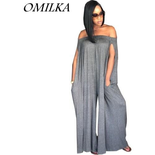 OMILKA 2018 Summer Women Off the Shoulder Loose Rompers and Jumpsuits Casual Gray Blue Purple Coffee Slash Neck Pocket Overalls