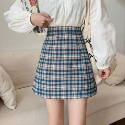 Woman skirts 2021 Spring Loose High Waist A-line Skirt Plaid Retro Anti-failure Pack Hip Skirt