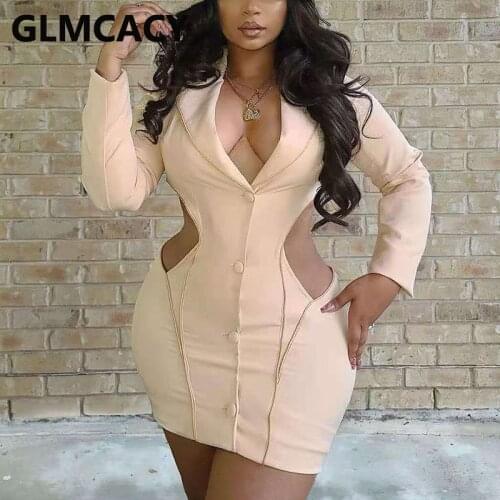 Women Long Sleeve Cut Out Bodycon Dress Shawl Collar Button Down Elegant Mini Dresses