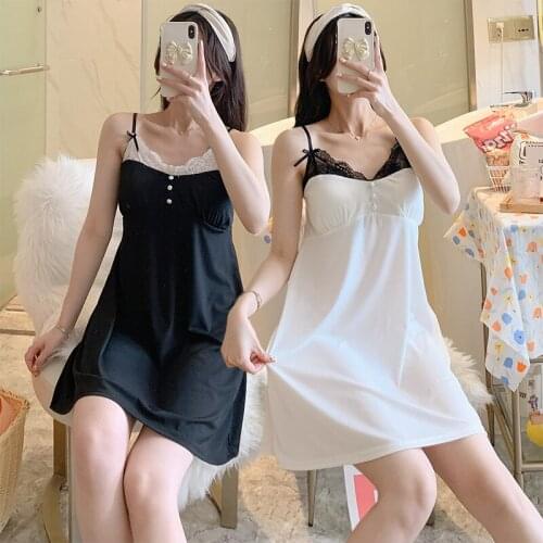 2021 Summer Silk Satin Sexy Lace Lingerie Spaghetti Strap Nightgowns for Women Sleepwear Nightdress Night Gown Home Dress Nighty