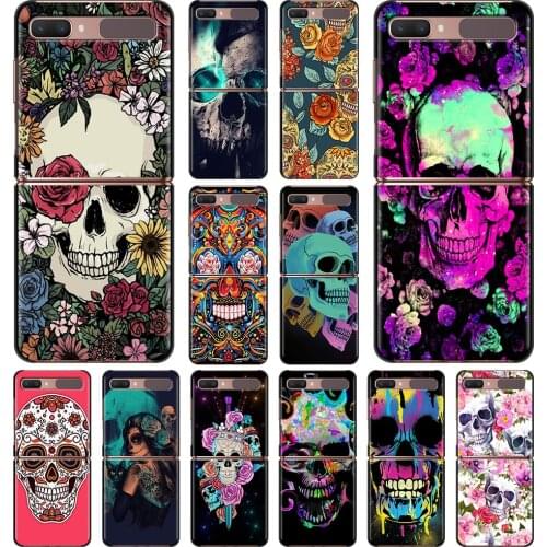 Smartphone Case For Samsung Galaxy Z Flip 3 5G Cover PC Shell Black Caso Hard Capa Cellphone Fundas Flower Skull