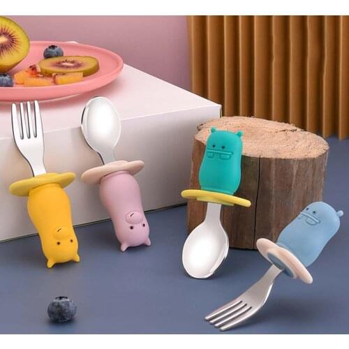 Baby spoon learn to eat training spoon childrens supplementary Spoon Baby stainless steel short handle fork spoon tableware set