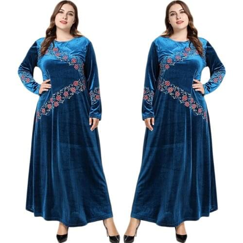 Dubai Muslim Velvet Long Dress Embroidery Plus Size Abaya Women Ramadan Islamic Clothing Autumn Winter Ankle Length Middle East