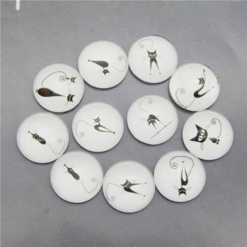 Julie Wang 8-30mm Glass Cabochons Mixed Black Cat Patterns Fat Back Round Pet Demo Jewelry Making Accessory