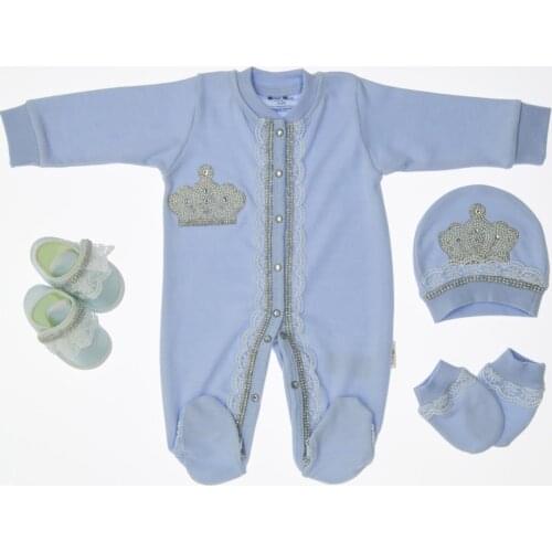Unisex Blue Baby Hospital Output Luxury Lace Pearl Princess Rompers Crowned 4lü Set Maternity Gift Newborn Essentials Natural