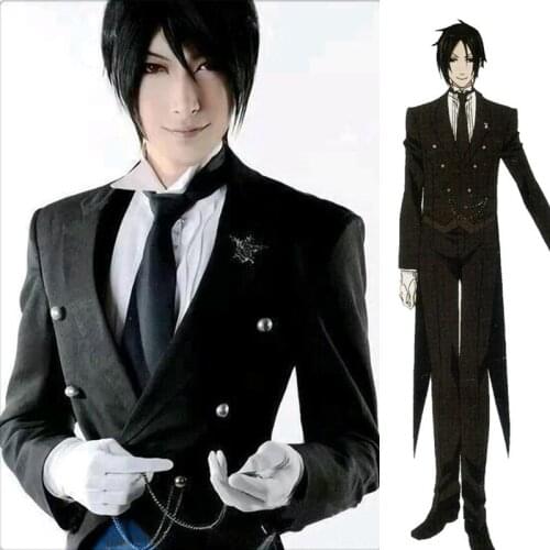 Anime Black Butler Sebastian Michaelis Cosplay Costume Black Uniform Outfit+Pocket Watch+Brooch Halloween Costumes for Women/Men