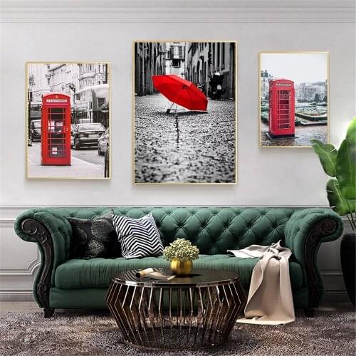 Canvas Painting London Street Red Telephone Booth Umbrella Bicycle Home Decoration Oil Painting Black and White Poster Wall Art