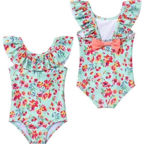 Newborn Baby Girl Swimsuit Ruffle Floral One-Piece Swimwear Infant Baby Girls Beachwear Toddler Seaside Bathing Playing Suit