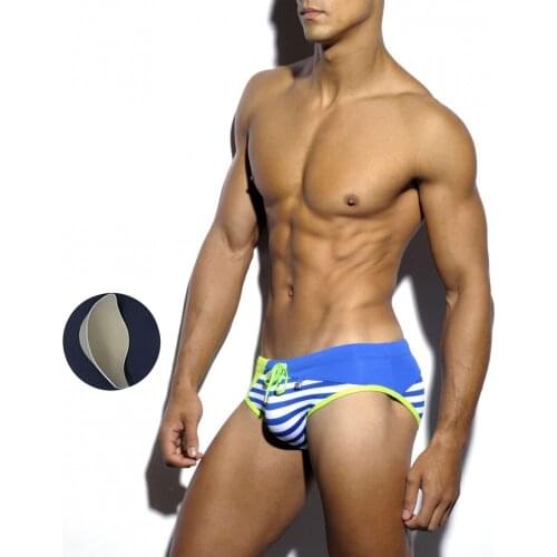 Mens Navy Style Striped Printed Sexy Swimming Suits Sponge Pad Cover Up Coasters Stereo-Triangular Swimming Briefs
