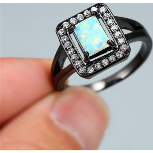 Square Birthstone Promise Love Engagement Ring Boho Female White Fire Opal Stone Ring Vintage Black Gold Wedding Rings For Women