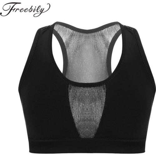 Summer Girls Tanks Tops Sleeveless Racer Back Stretchy Mesh Splice Kids Crop Top Children Dance Stage Performance Workout Tops