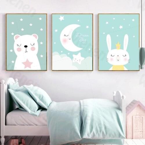 Cartoon Children Decoration Poster Animal Rabbit Bear Moon Blue Canvas Painting Wall Decoration for Baby Room Nursery Wall Art