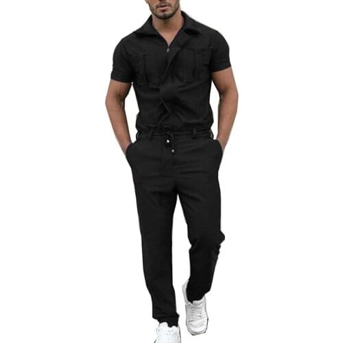 2021 Mens Zipper Jumpsuit Streetwear Summer Male Short Sleeve Solid Color Cargo Pants Set Jumpsuits Overalls Rompers