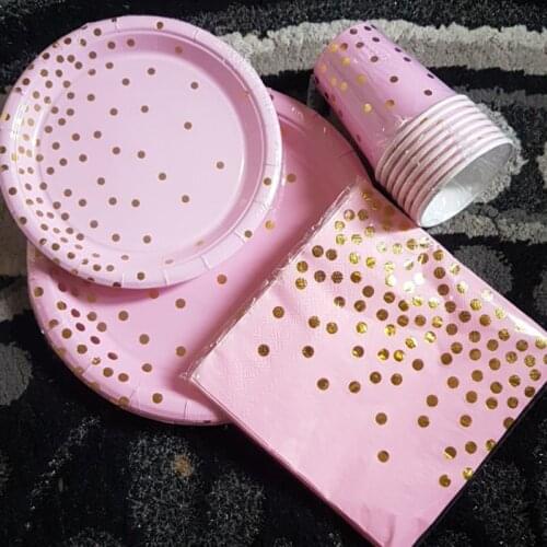 Disposable cup plate set Gold stamping birthday praty tableware Pink dinnerware kit Wedding decorations treat girls baby shower