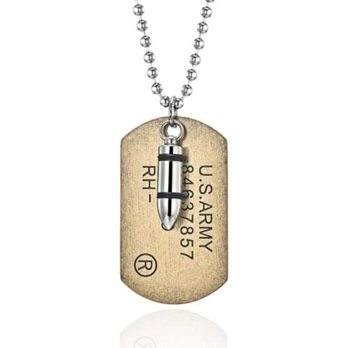 Stainless Steel Vintage Gold Us Army Bullet Pendant Necklace Jewelry Men Punk Rock Gift with Chain For Him