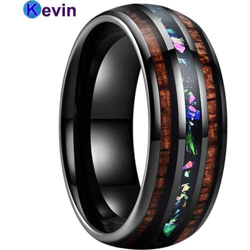 Black Wedding Ring Tungsten Wedding Band For Men Women with Fire Opal And Hawaii Koa Wood Inlay Domed Band Comfort Fit