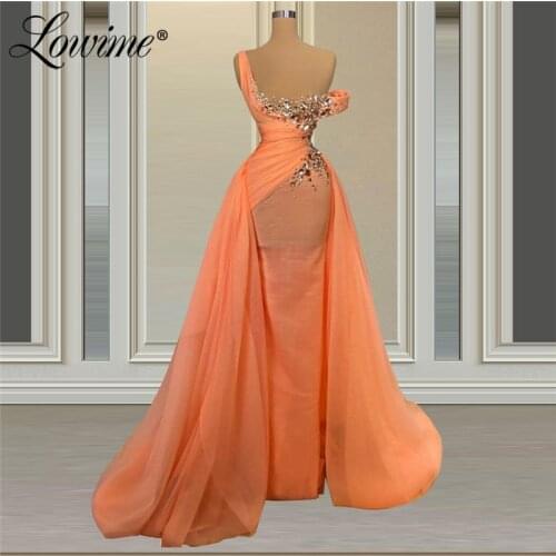 Orange Formal Evening Gown Crystal Mermaid Party Dress 2021 Dubai Arabic Prom Dresses Pleats Plus Size Dresses Women Party Night