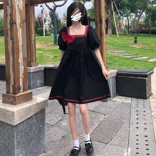 Japanese Sweet Lolita dress French Square Collar Bow Stitching Lantern Sleeves Loose Waist Slimming Dress Women Summer
