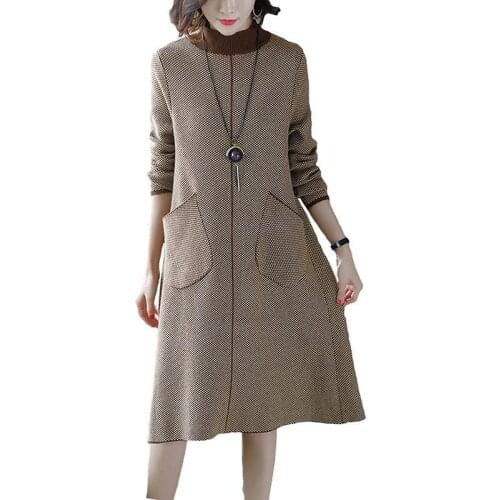 Women Sweater Dress Spring Autumn Clothes 2020 New Fashion Turtleneck Long Sleeve Knitted Dress Women Casual Plaid Dress D165