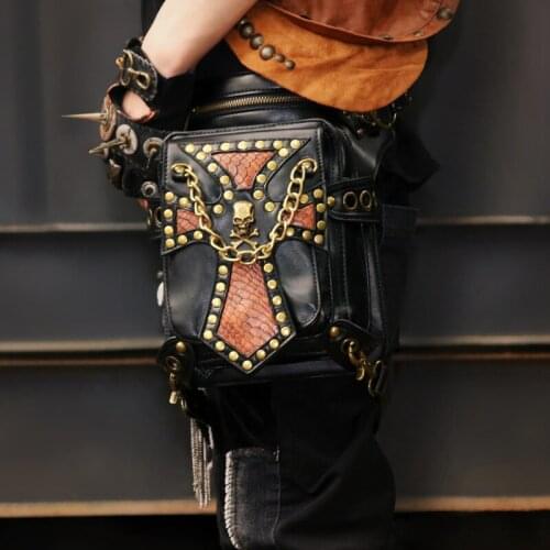 Unisex Black PU Leather Skull Rivet Punk Rock Leg Holster Waist Bag Gothic Crossbody Bags Steampunk Corsets Outfits Accessories