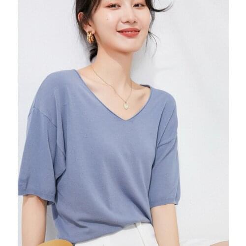 Simple V-Neck Cool Ice Silk Short-Sleeved Sweater Bottoming Womens T-Shirt Loose Thin Solid Knitted Pullover Spring Summer Tops
