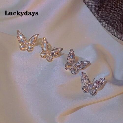 Luckydays New Fashion Butterfly Earrings For Women Punk Rhinestone Style Cute Girl Zircon Stud Earrings Kpop Jewelry