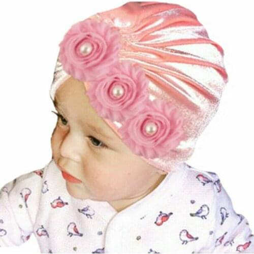 Cute Baby Hair Accessories Newborn Infant Kids Baby Boy Girl Indian Turban Hat Flower Velvet Beanie Caps Pearl Solid Soft Cap