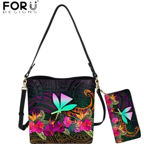FORUDESIGNS New Trend Women Bucket Bag And Wallet 2pcs Set Hawaii Maoli Polynesian Tribal Floral Print Crossbody Retro Bolsas