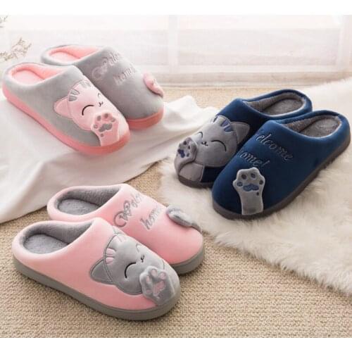 Super Soft Home Slippers Women 2020 Winter Cartoon Cat Shoes Non-slip Warm House Slippers Indoor Bedroom Lovers Floor Shoes