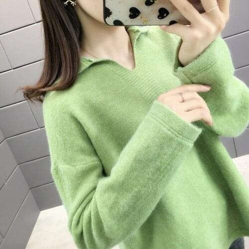 H9256 Sweater Woman Autumn Winter Korean Loose Lapel Solid Color Knitted Pullover Student Girl Long Sleeve College Jumper Tops