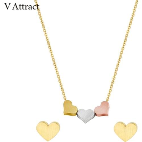 V Attract Stainless Steel Heart Statment Necklace Jewelry Set For Women Bijoux Mariage Fashion Gold Filled Choker Stud Earrings