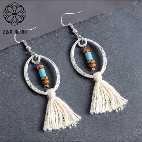 Vintage White Tassel Drop Earring with Colored Beads Suspension Jewelry for Women Hanging Ethnic Decorative Pendientes oorbellen