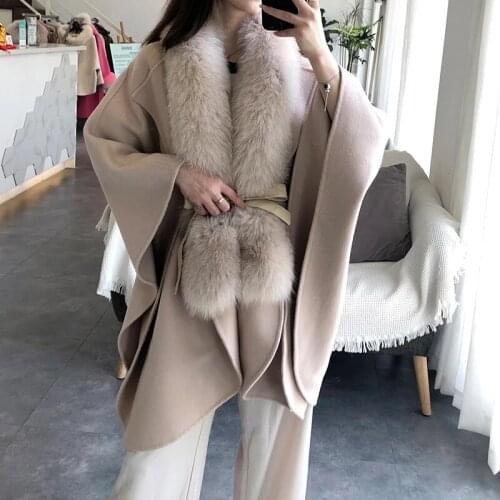 Womens Winter Jackets 2021 Luxury Real Wool Oversize Shawl Fluffy Fox Fur Collar With Belt