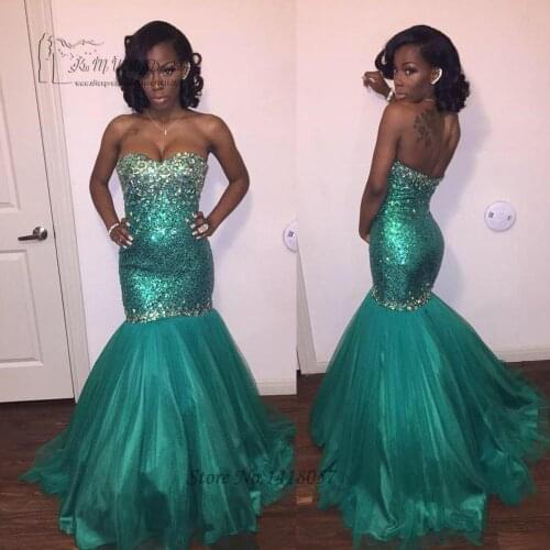 Green African Prom Dresses Mermaid Sparky Sequin Formal Evening Gowns Rhinestone Vestido de Noche Abendkleider 2016 Women Courte