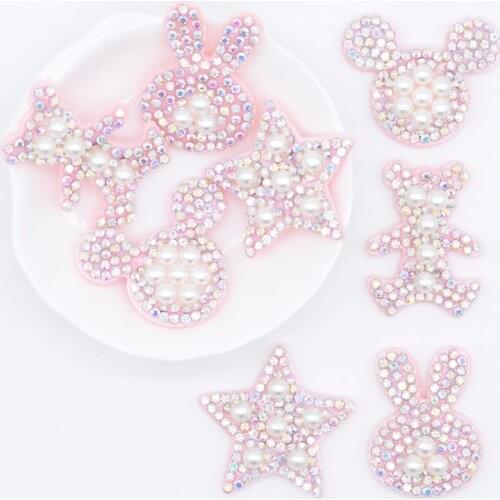 15Pcs Padded Rhinestone & Pearl Star Mouse Rabbit Bear Applique for DIY Clothes Hat Shoes Headwear Hair Clips Decor Patches L83