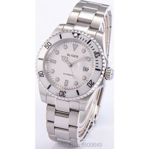 40mm BLIGER white ceramic Bezel white dial sapphire automatic mens Wristwatches