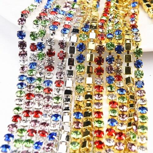 5Meter Crystal Rhinestone Cup Chain Mix Color Diamond Silver Gold Base With Claw Dress Decoration Applique Sew On Trim Diy Dress