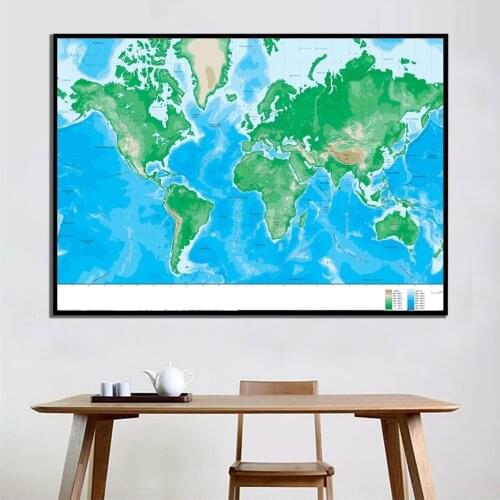 A2 Size World Elevation Map Non-Smell Fine Canvas Wall Map HD Spray Painting For Home Decor Crafts