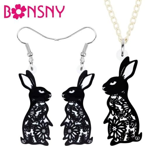Bonsny Acrylic Black Easter Chinese Paper Cutting Rabbit Bunny Jewelry Sets Animal Earrings Necklace For Women Girls Charm Gift